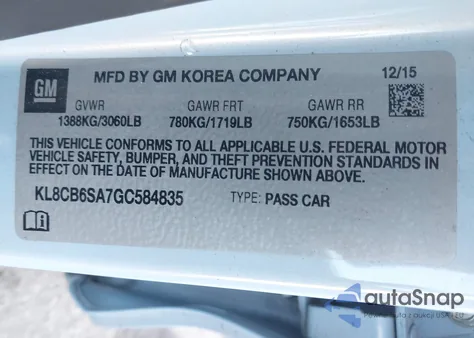 2016 Chevrolet Spark Ls Cvt z USA, uszkodzony, nr VIN KL8CB6SA7GC584835